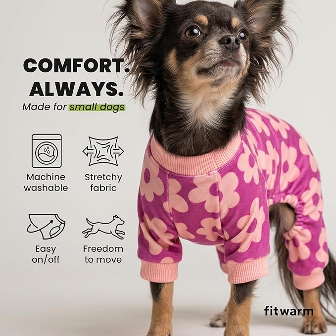 Fitwarm Flower Fleece Dog Pajamas, Warm Winter Dog Clothes for Small Dogs Girl, Cozy Pet Onesie with Feet, Pink, XL