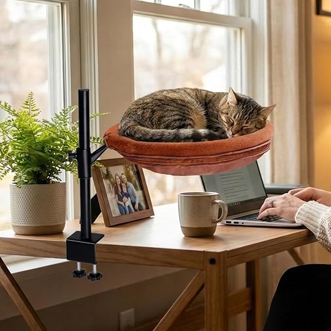 360° Rotating Cat Desk Bed, Height Adjustable Elevated Cat Perch with 2 Breathable & Warm Covers for All-Season Comfort, Quick Install, Supports up to 30 lbs