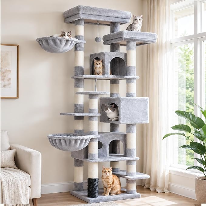 Hey-brother Cat Tree, 74 inches Multi-Level XL Large Cat Tower for Indoor Cats with Three Cat Condos, Two Large Top Decks and Cat Hairbrushfor Kittens, Cats and Pets, Light Gray MPJ035-MW