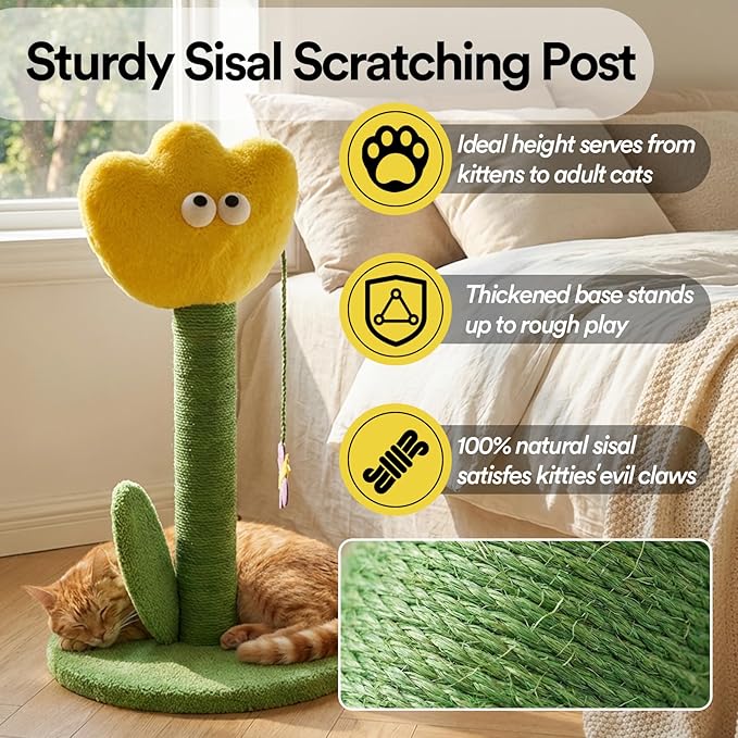 ZEZE Tulip Cat Scratching Post – Flower-Themed Cat Tree for Kittens & Adult Cats, Durable Sisal Rope Tower, Decorative Pet Furniture, Cute Home Design, Furniture Protection (Yellow)