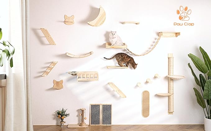 Wall-Mounted Cat Stairs, 4-Step Pine Wood Cat Ladder with Sisal Rope, Space-Saving Climbing Solution for Cats