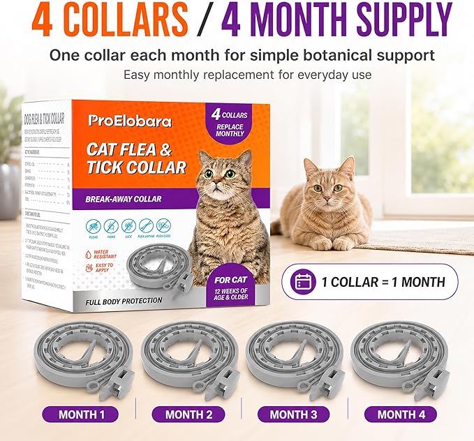 Flea Tick Prevention Collars for Cats: Essential Oil-Based Collar for 4 Month Support - Natural Fleas Ticks Breakaway Collar for Large & Small Cat, Outdoor Fleas Ticks Control for Kittens