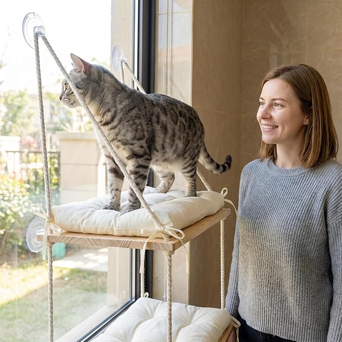 Loscarol Cat Window Perch for Large Cats, Double Layer Wooden Feline Hammock Seat with Heavy Duty Suction Cups, Easy Assembly Sill Ledge Bed for Multiple Kitties, Indoor Sunbathing Lounger