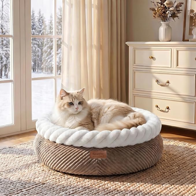 FUKUMARU Cat Bed, Calming Donut Dog Beds, Plush Faux Fur&Corduroy Kitten Beds, Cute Round Washable Pet Bed for Large Cats and Puppy, Cat Cave with Anti-Slip Bottom, 21inch, Camel
