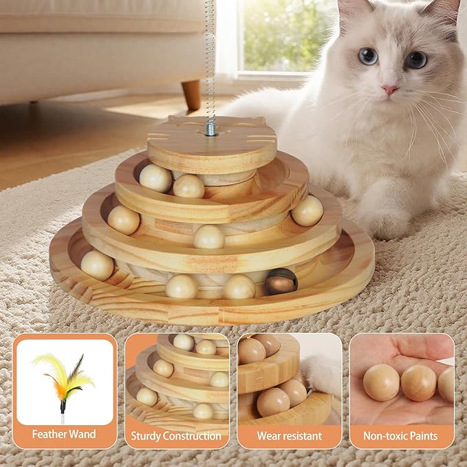 Cat Toy Ball Track with Feather Wand, 4 Layer Large Wooden Cat Ball Tower (9.9”) for Indoor Cats, Interactive Self Play Cat Toy with Bell Balls, Durable Pine Track for Big & Multi Cat Homes