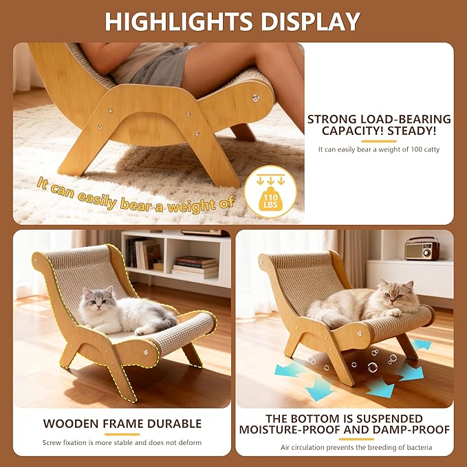 Extra Large Cat Scratcher Lounge & Bed,Curved Sisal Scratching Pad for Indoor Cats,Durable Furniture-Grade Lounge Combo,Tight Weave Material with Less Shedding