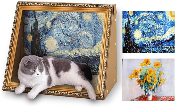 Horizontal Oil Painting Cat Bed & Scratcher - Durable Art Frame with Replaceable Art, Cat House for Indoor Cats Simple-Assembled Bed Couch Cave Condo Home Decoration(Starry Night &Sunflower)