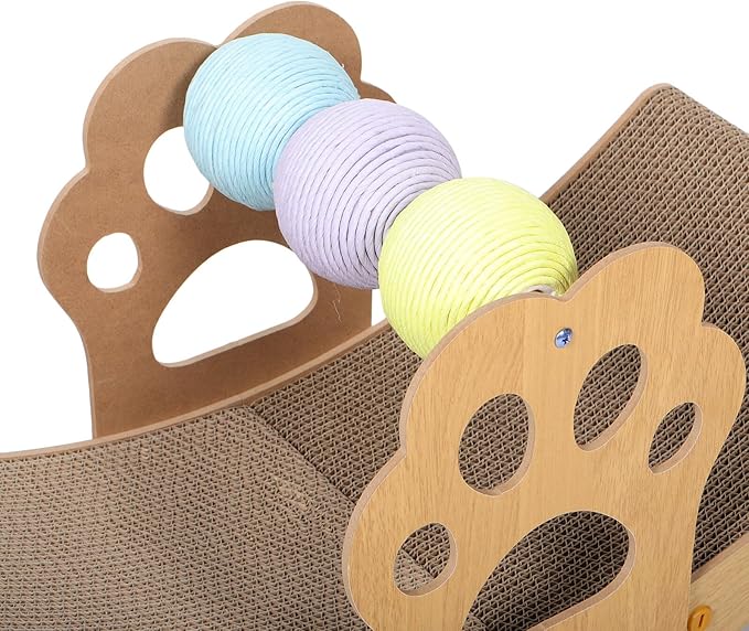 Kisangel Rocking Cat Scratching Lounger Bed with Colorful Balls Scratch-Resistant Cardboard Pad for Indoor Cats and Resting Furniture