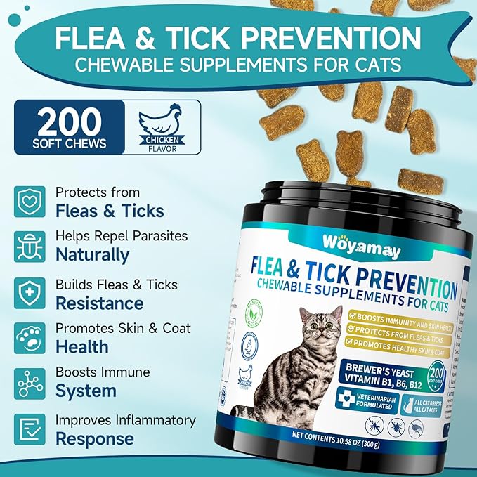 Woyamay Natural Flea & Tick Prevention Bundle for Cats & Dogs, 200 Chews + Drops 4-in-1 Herbal Drops, Supports Skin, Coat, Digestion & Immunity, Gentle Daily Flea Treatment for Multi-Pet Homes
