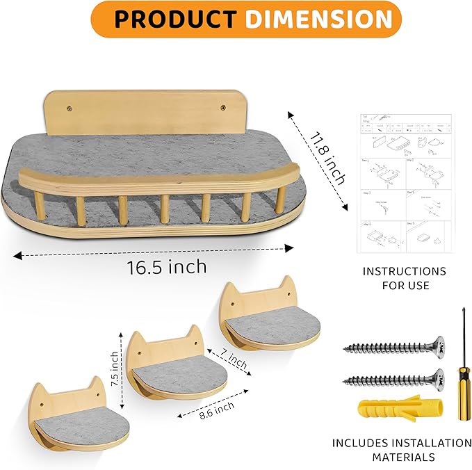 Cat Wall Shelves – 3 Steps Climbing Furniture & Perch for Indoor Cats up to 30lbs, Wooden Floating Shelf with Non-Slip Pad Bed, Modern Corner & Wall Mounted for Playing and Lounging - Natural