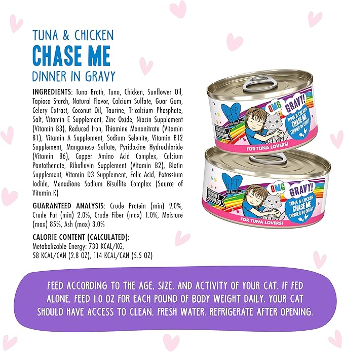 Weruva B.F.F. OMG - Best Feline Friend Oh My Gravy!, Tuna & Chicken Chase Me with Tuna & Chicken, 2.8oz Can (Pack of 12)