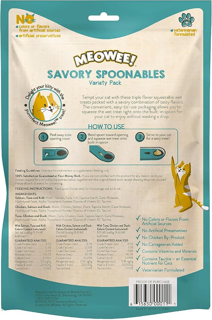 MEOWEE! Savory Spoonables Variety Pack, 12 Count Tube, Triple Flavor Squeezable Lickable Wet Treats for Cats with Built-in Spoon for Less Mess