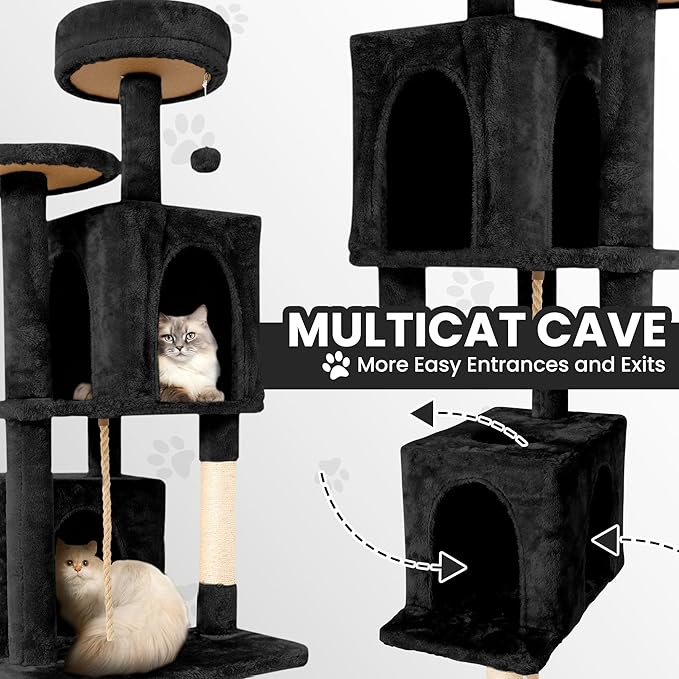 58.5inch Large Cat Tree Tower Condo for Indoor Cats, Soft Plush Multi-Level Climbing Tree Cat House with Cat Cave, Scratching Post, More Entrance/Exit, Sisal Rope, Night Black
