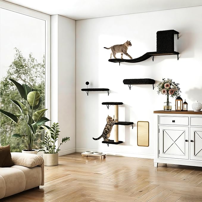 COZIWOW Cat Wall Shelves Set, 5-Piece Wall Mounted Cat Furniture with Cat Tree & Scratching Post, Floating Cat Perches for Indoor Cats（Black）