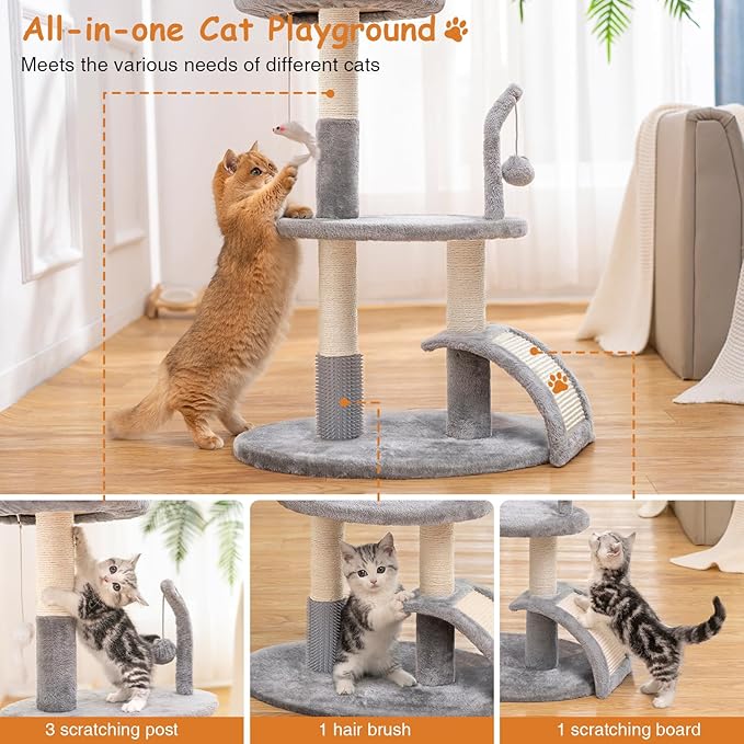 Goozii Large Cat Tree Tower with Scratching Post, Modern Kitten Tower for Indoor Cats, Sturdy Tall Carpet Sisal Cat Scratcher Stand with Big Bed Perch,Scratch Ramp,Ball Toy for Kitty Play -Grey