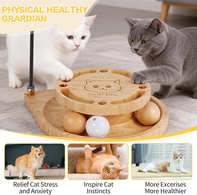 Interactive Cat Toy for Bored Cats - Feather Wand & Track Ball, 15 Replacement Heads, 2 Wooden Balls & 1 Bell Ball, Anti-Slip Base, Easy Assembly Cat Teaser for Kittens & Adult Cats