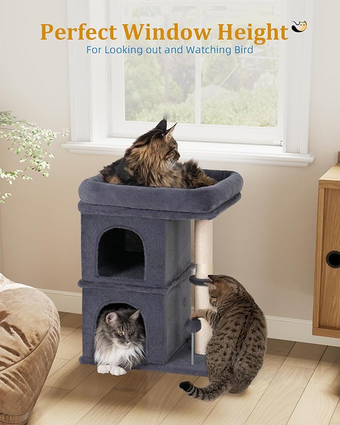 Aechonow Cat Tree for Large Cat, 19x16.5In Large Cat Perch, Adult Cat Tower for Indoor Cats with 24In Long Scratching Post, 2 Cozy Cat Condo House for Adult & Fat Cats, Dark Gray