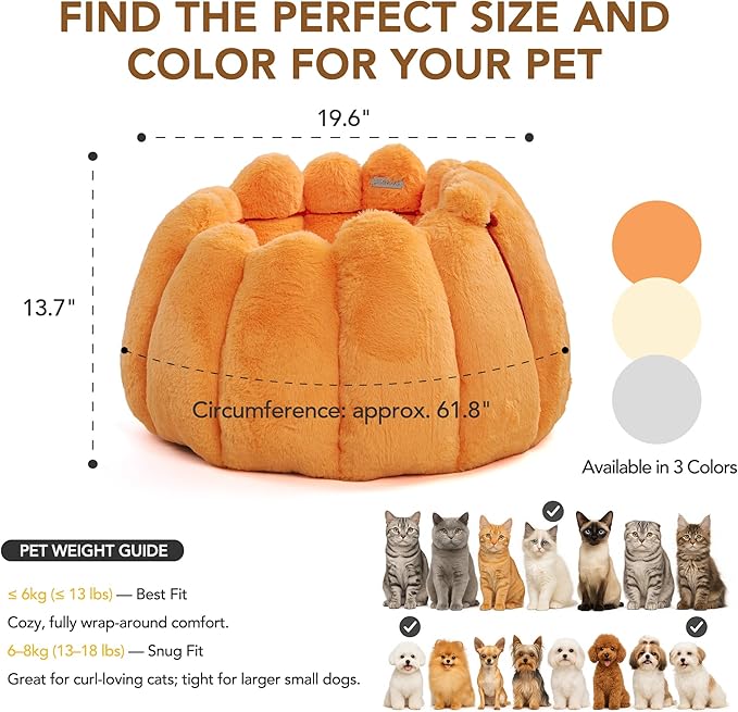 PETNOVO Pumpkin Cat Bed, Plush Donut Cuddler with High Bolster, Non-Slip Cozy Pet Nest for Indoor Cats up to 13 lb and Small Dogs, 20L x 20W x 12H Inch, Pumpkin Yellow