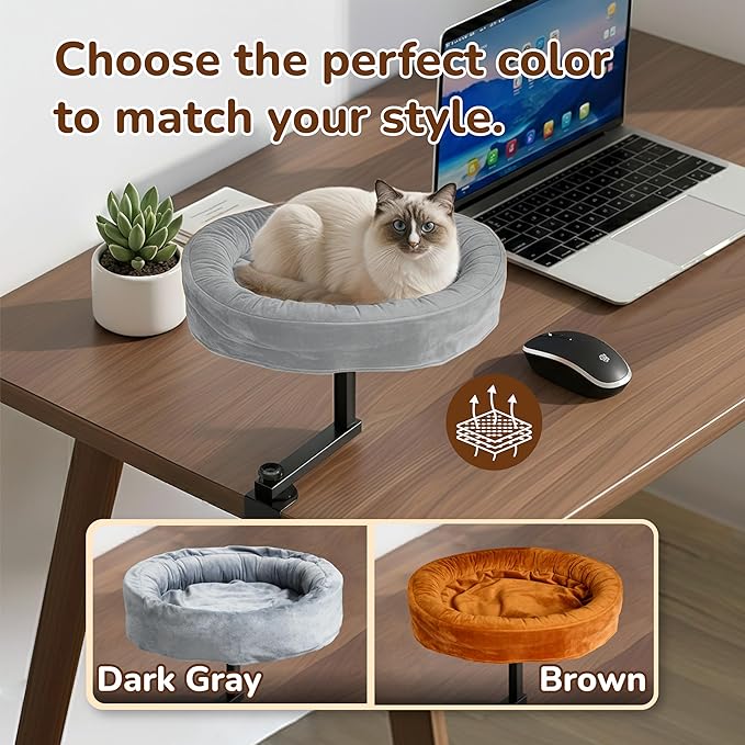 Up to 45LBS Cat Desk Bed - 360° Rotation & Adjustable Height, Pet Perch for Desks with Washable Cushion, Desk Cat Bed Attachment for Various Tables, Gray Cushion