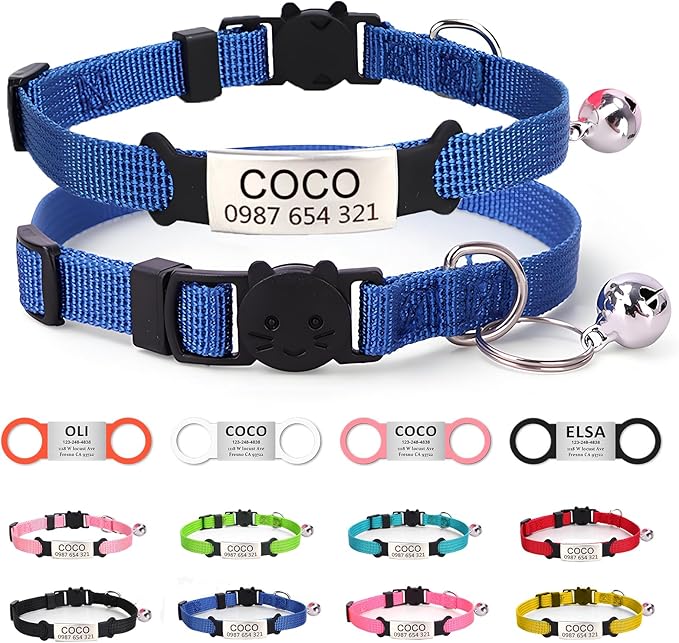 Cat Collar with Name tag, Adjustable and Durable Polyester Personalized cat Collar with Bell, Custom Carved pet Name and Phone Number, Suitable for Boys and Girls Cats,Blue