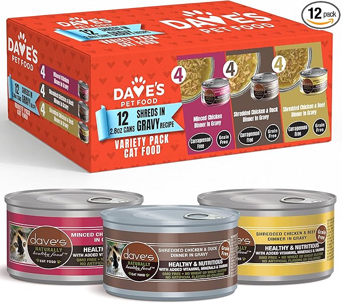 Dave's Pet Food Naturally Healthy Minced & Shredded Chicken in Gravy Variety Pack Grain-Free Wet Cat Food, 2.8-oz can, Case of 12