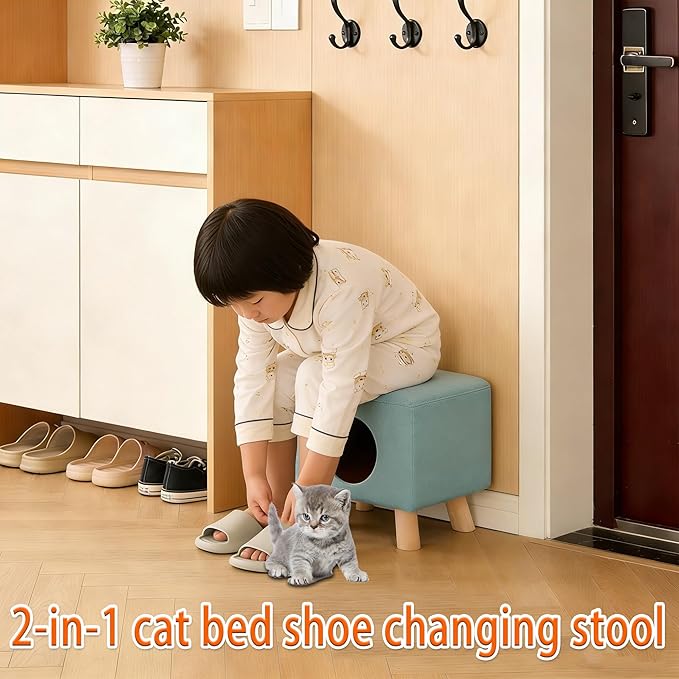 2-in-1 Cat Bed Stool, Semi-Enclosed Cat Cave Pet Bed for Indoor Cats & Small Dogs, Sturdy Wooden Legs, All-Season Cat House with 7.1” Entrance, Warm Winter Cat Furniture (Grey)