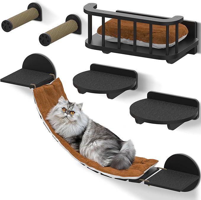 Cat Wall Shelves & Perches – 7-in-1 Cat Wall Furniture Set with Bed, Climbing Steps, Scratcher & Bridge Ladder – Black Bamboo Wall Cat Shelf for Indoor Cats