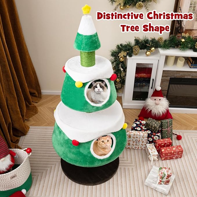 Dreamade 60" Christmas Cat Tower with 2-Level Cat Condos, Premium Scratching Posts,Star Design, Play Center for Kittens, Festive Cat Hideaway Furniture, Green