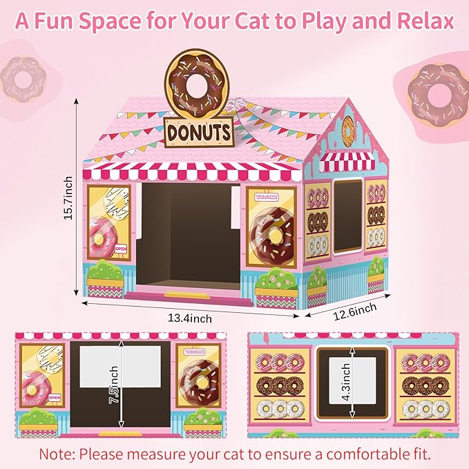 Donut Shop Cardboard Cat House Cat Scratch House with Scratcher Kitten Hideaway Playhouse Bed with Scratching Pads Cardboard Scratch Box for Indoor Outdoor Cats Bunny Small Animals Gift Supplies