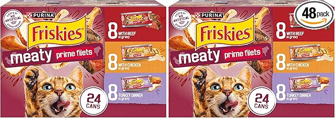 Friskies Purina Gravy Wet Cat Food Variety Pack,Prime Filets Meaty Favorites - 5.5 oz. Cans,(Pack of 48)
