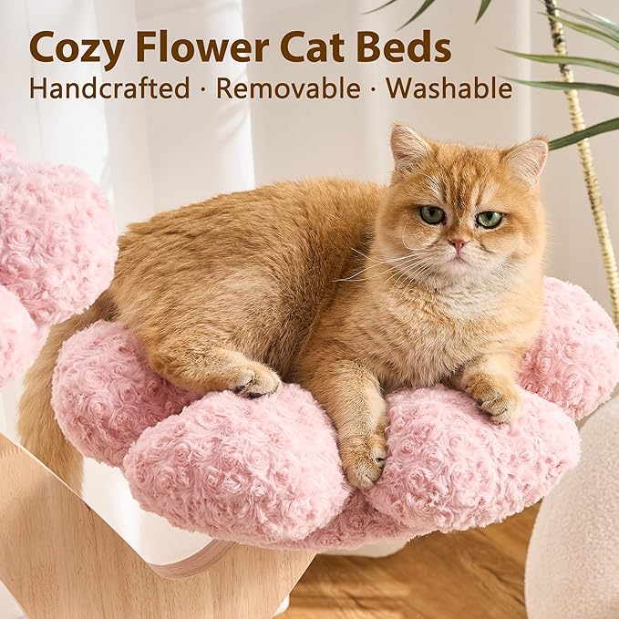 Aesthetic Flower Cat Tree Tower with Scratching Post for Indoor Cats, 48" Modern Cat Tree with Wood Sculpted Branch, Flower Cat Beds, Scratching Board & Interactive Squeaky Toy, Sakura Pink
