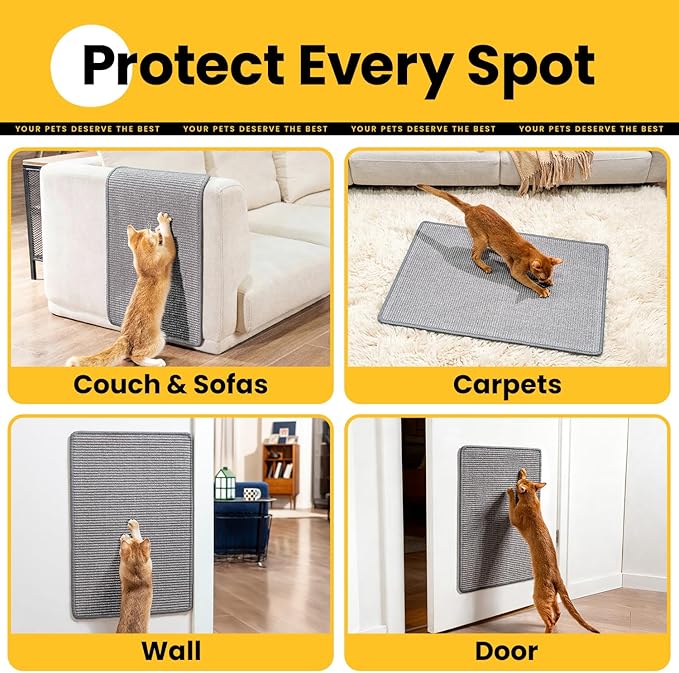Conlun Cat Scratcher Mat,Natural Sisal Cat Scratch Pad with Hook&Loop Tape,Horizontal Floor Kitty Scratching Pads Rug for Indoor,Cat Furniture Protector for Couch&Carpets&Sofas, Medium, Grey, 2 Pack