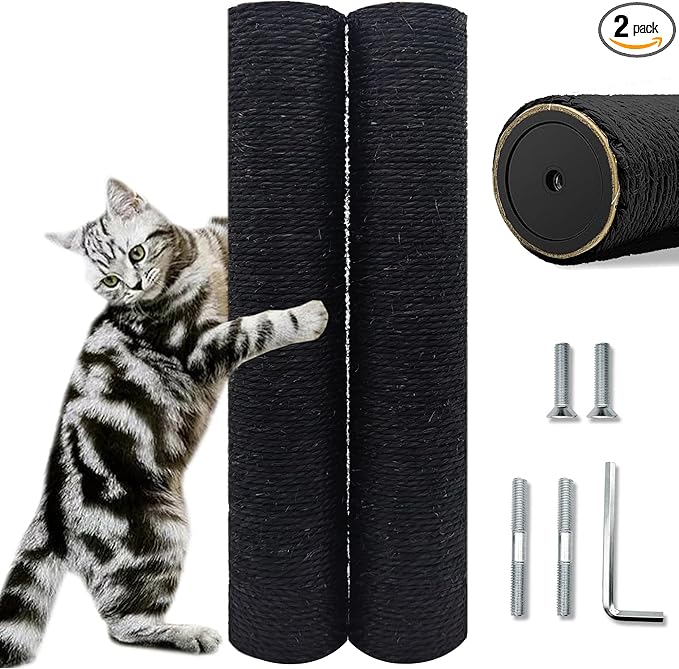 Gothic & Goth Cat Tree Tower Replacement Post - Black, 2 Pack, 15.7in Scratching Post Pole with M8 Screws, Natural Sisal for Cat Tree Repair & Rebuild