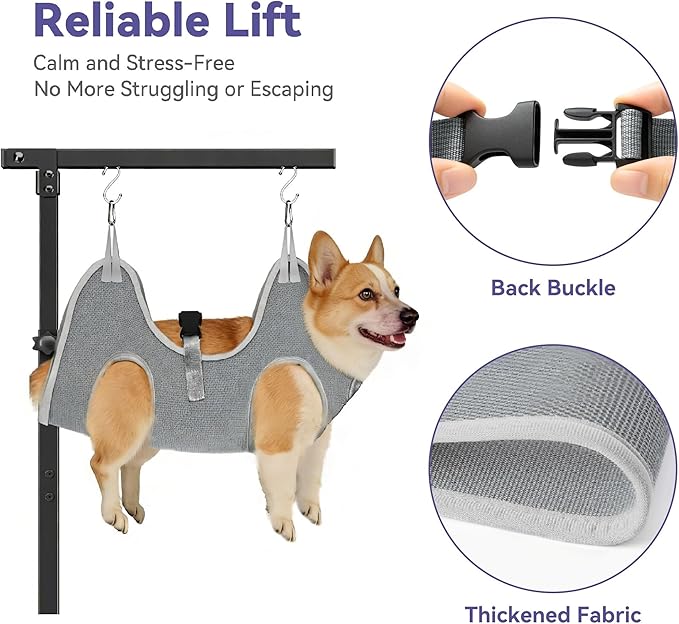 niffgaff Adjustable Dog Grooming Arm with Clamp, 26″–40″ Height, M Hammock with Back Buckle, No-Sit Grooming Restraint for Small & Medium Dogs