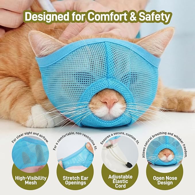 Pezluxe 2pcs Cat Muzzle for Grooming & Nail Trimming, Breathable Mesh Muzzles to Prevent Biting Chewing Scratching, Soft Cat Mouth Guard for Bathing Vet Visits (Blue, S)