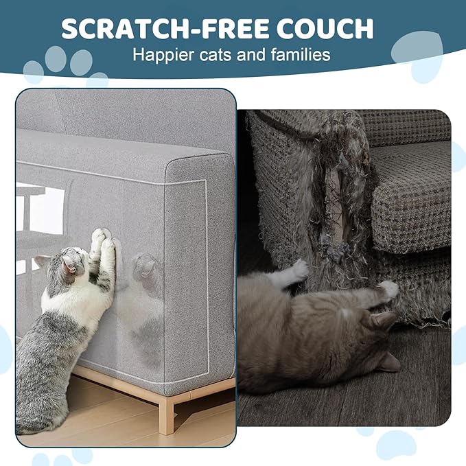 Cat Scratch Furniture Protector, Cat Scratching Mat, Trimmable Self-Adhesive Cats Claws Scratch Pads, DIY Carpet Mat Replacement for Cats Tree, Cats Wall Shelves (Transparent, 12x196.8in)