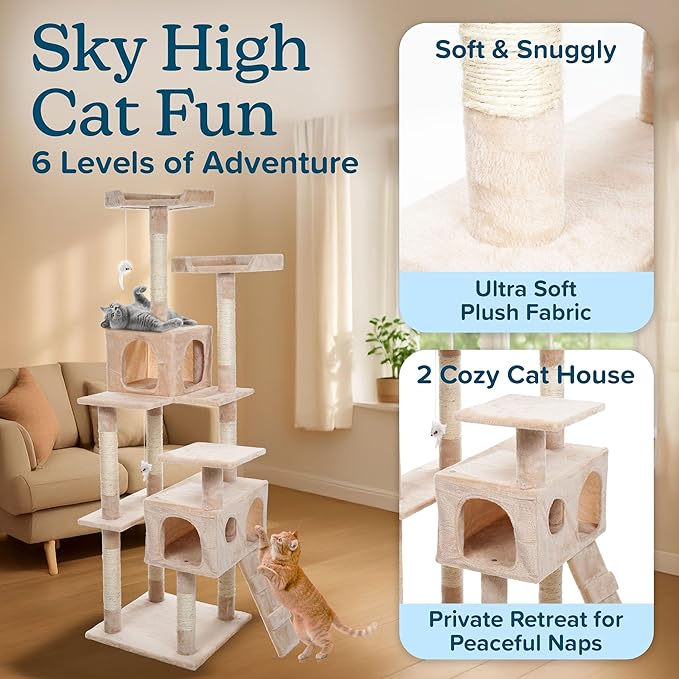 Cat Tree - 5.5-Foot Cat Tower for Indoor Cats with Perches, 2 Condos, 9 Cat Scratching Posts, 2 Hanging Toys, and 2-Step Ladder by PETMAKER (Beige)