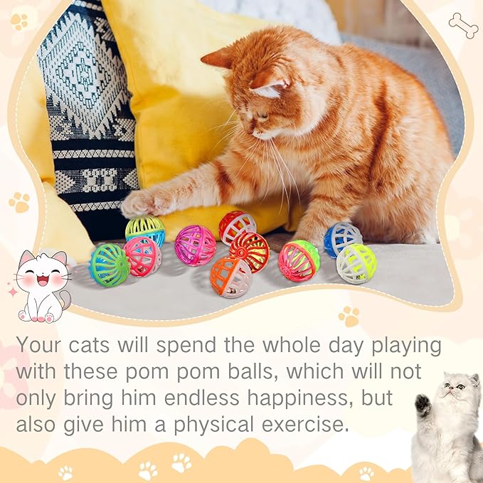 Silkfly 100 Pcs Value Cat Toy Balls with Bells, Plastic Lattice Jingle Balls for Kittens, Interactive Chasing & Pounce Rattle Toys, Assorted Colors