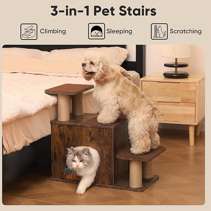 FUKUMARU 3-in-1 Pet Stairs, Retro-style Dog Steps for Cats and Small Dogs, Wooden Cat Stairs for High Bed with Scratching Post, Dog Ramp for Couch with Cat Condo Cave, Easy to Clean & Aesthetic Design