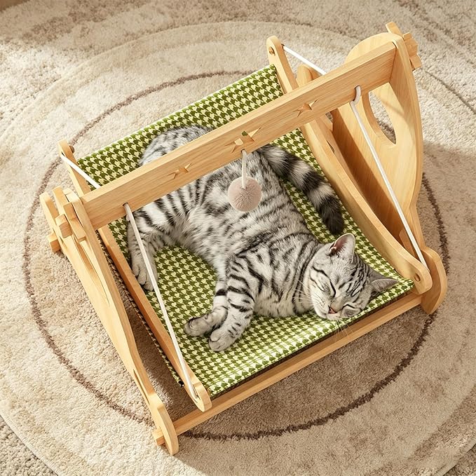Cat Hammock Bed with Summer Linen & Winter Plush Dual Mats, Hanging Toy, Sturdy Wood Frame for Indoor Cats Small Dogs, 21.6" L x 18.9" W x 23.6" H