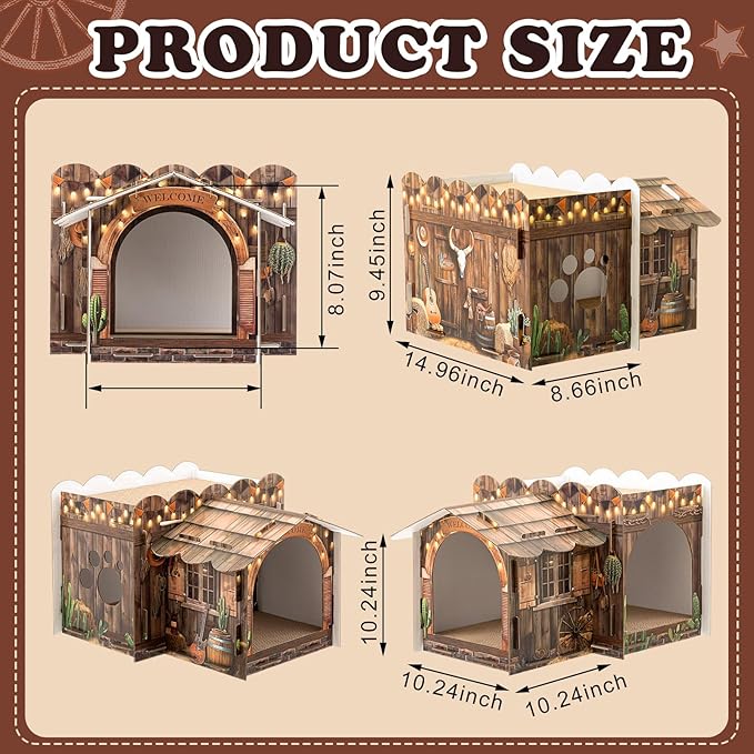 Lineshading 2 Story Cardboard Cat House with Scratcher Pad, Multi Level Durable Cat Scratcher House for Small Kitten Bunny Rabbit Animals Christmas Birthday Gift(17x12x10,Western)