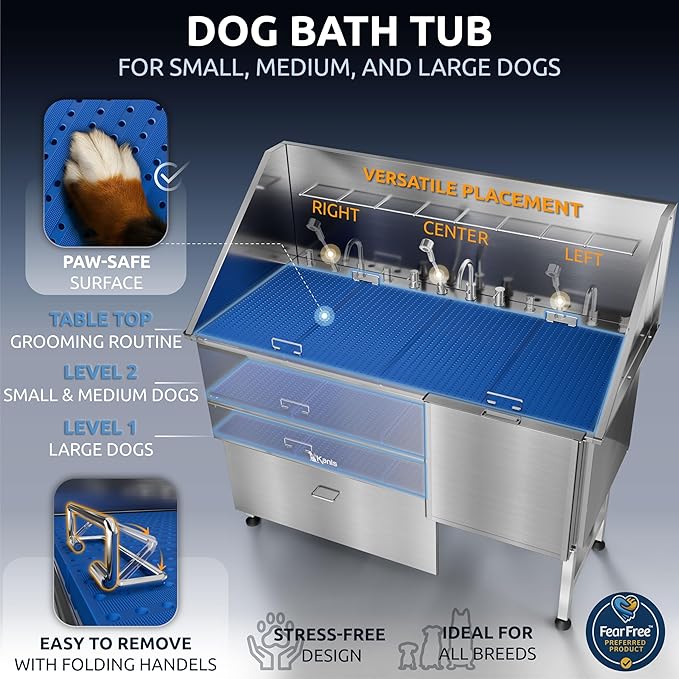 KANIS Professional Dog Washing Station 304 Stainless Steel Pet Wash Sink & Grooming Bathtub w/Shower, Floor Grates and Storage for Large, Medium & Small Pets (Silver, 61 Inches, Right Ramp, 1 Drawer)