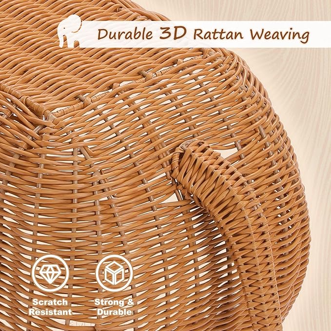 MUTTROS Elephant Rattan Cat Condo Bed for Indoor Cats, Handwoven Wicker Cat House with Thick Plush Cushion for Large Cat and Kitten, Sturdy Pet Hideaway for Small Dog Rabbits-35x12x13 Inches