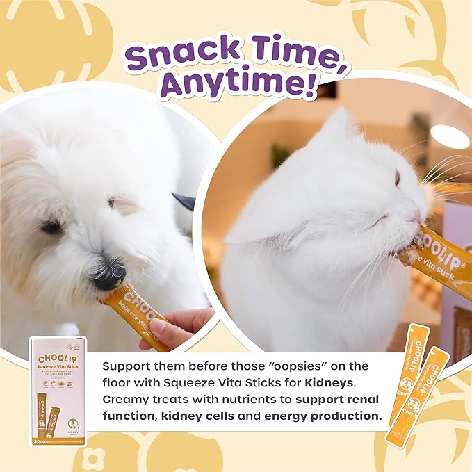Choolip Squeeze Vita Stick Lickable Cat and Dog Treats – 20-Count Kidney Support Sticks – Creamy Puree with Multivitamins, Cranberry, and CoQ10 for Renal & Urinary Health – Grain-Free & Vet-Formulated