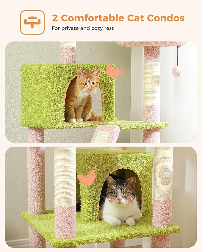 MUTTROS Flower Cat Tree, 70.9" Tall Tree for Indoor Cats, Large Tree for Large Cats, Multi-Level Tower with 6 Scratching Posts, 2 Condos, 2 Perches, Hammock, Pompoms, Pink