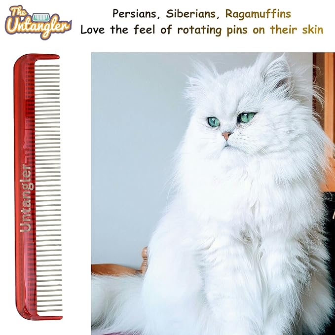 Cat Comb, 7 inch, Ferrari Red - Silky Smooth Rotating Teeth for Gently Detangling Matted Cat Hair, Stainless Steel, Made in USA, Vet Recommended