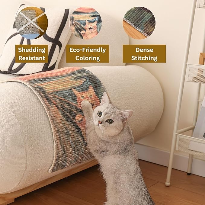 Furrther Sisal Cat Scratcher Post Mat (Use on Wall, Couch and Carpet), Durable and Shedding-Resistant Cat Scratching Surface - 21.7x13 inch with Adhesives and Twist Pins (Scream)