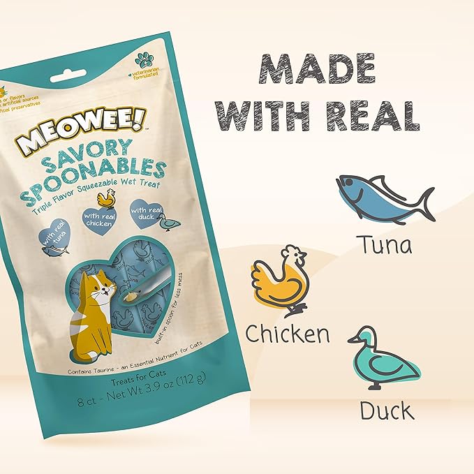 MEOWEE! Savory Spoonables with Real Tuna, Chicken & Duck, 8 Count Tube, Triple Flavor Squeezable Lickable Wet Treats for Cats with Built-in Spoon for Less Mess (Pack of 2)
