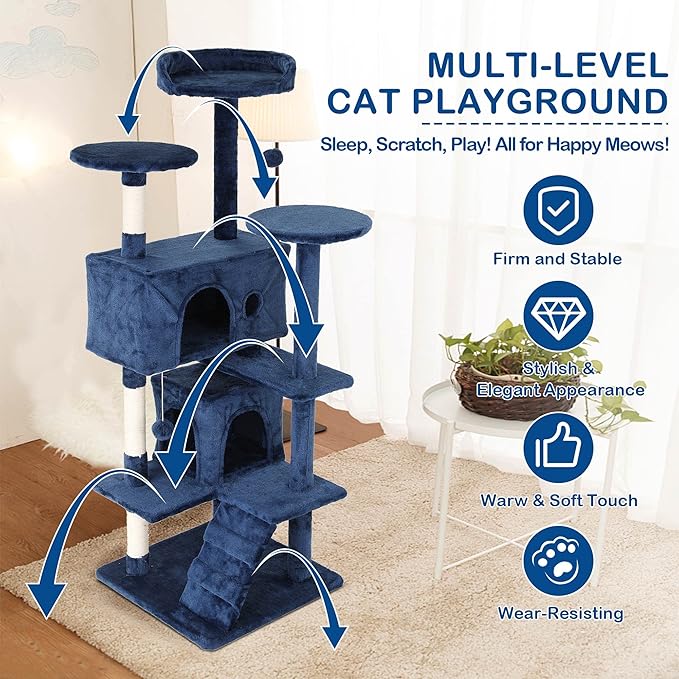 54 Inch Tall Cat Tree Tower: Multi-Level Cat Condo with Scratching Post, Toys & Kitten Rest, Navy Blue
