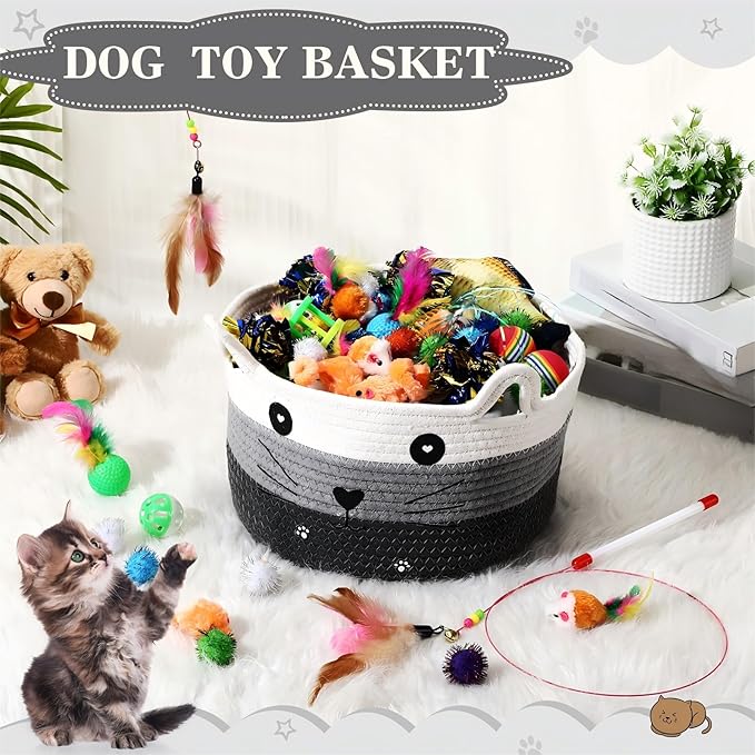 Zopeal 76 Pcs Graduation Cat Storage Basket Gift Toys Set Interactive Cat Toys Kitten Wand Colorful Flashing Balls Pet Crinkle Balls Attract Kitten to Swat, Hunt for Pet Indoor(Grey)